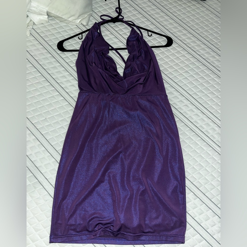 Sparkly Purple iridescent cowl neck mini dress